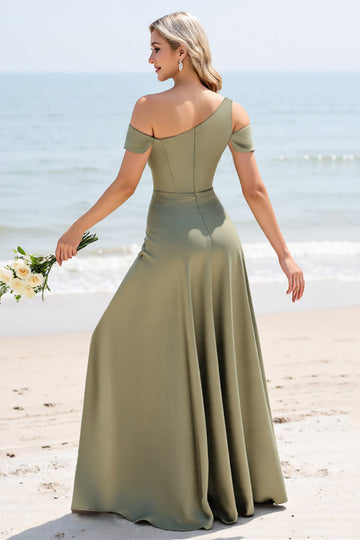 Olive Satin A Line Cold Shoulder Long Boho Bridesmaid Dress with Slit